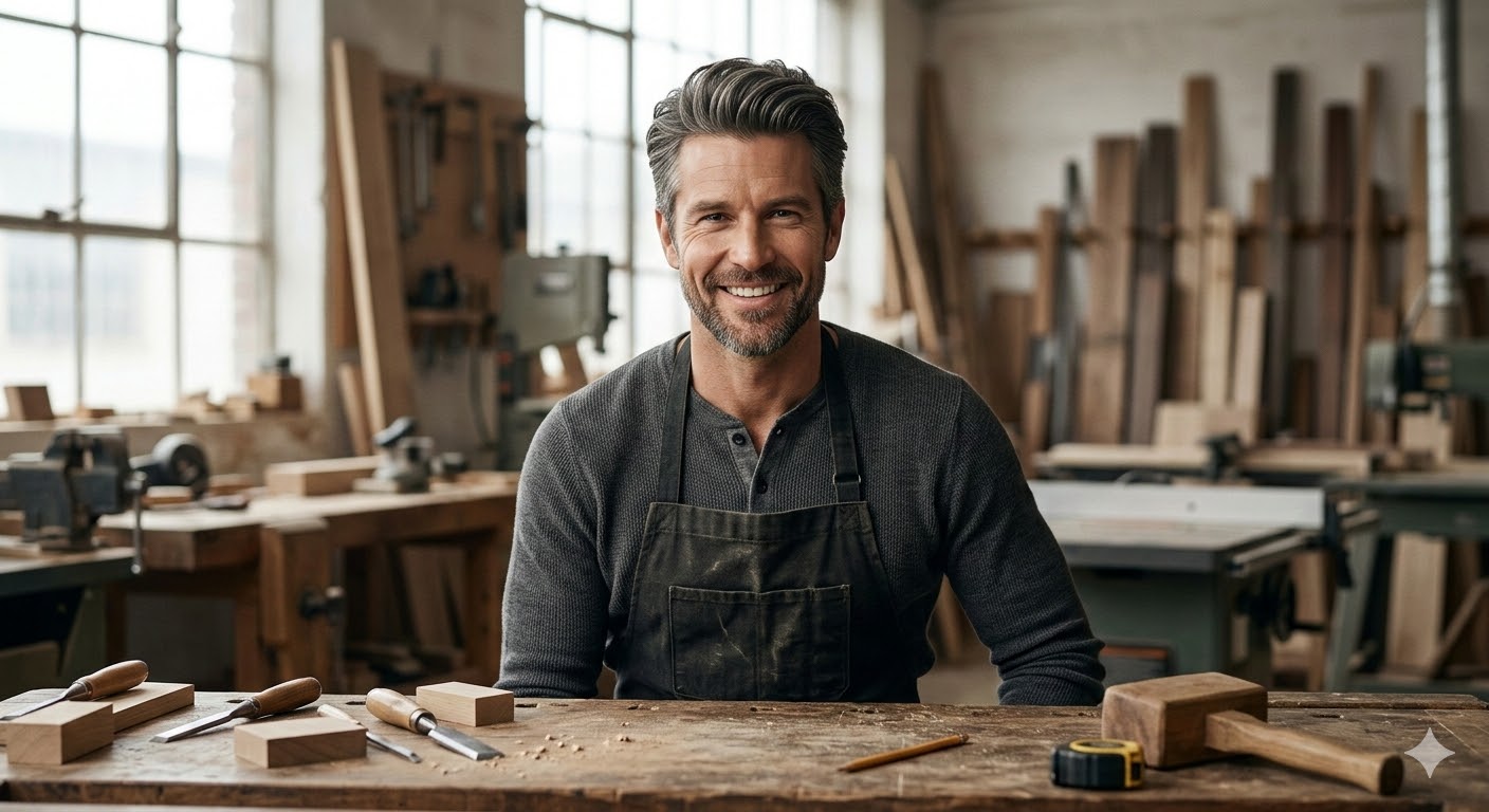 Carpintero en su estudio sonriendo