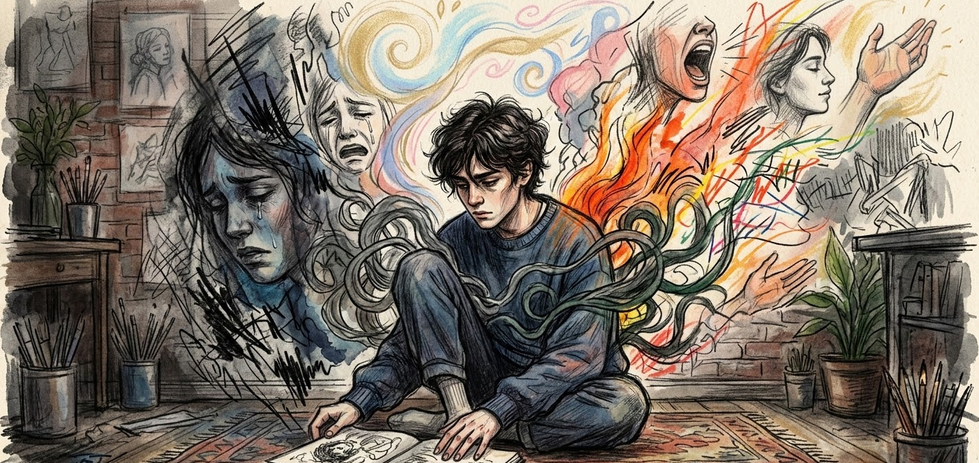 Chico sentado en su habitación con las diferentes emociones que se encuentran en su mente.