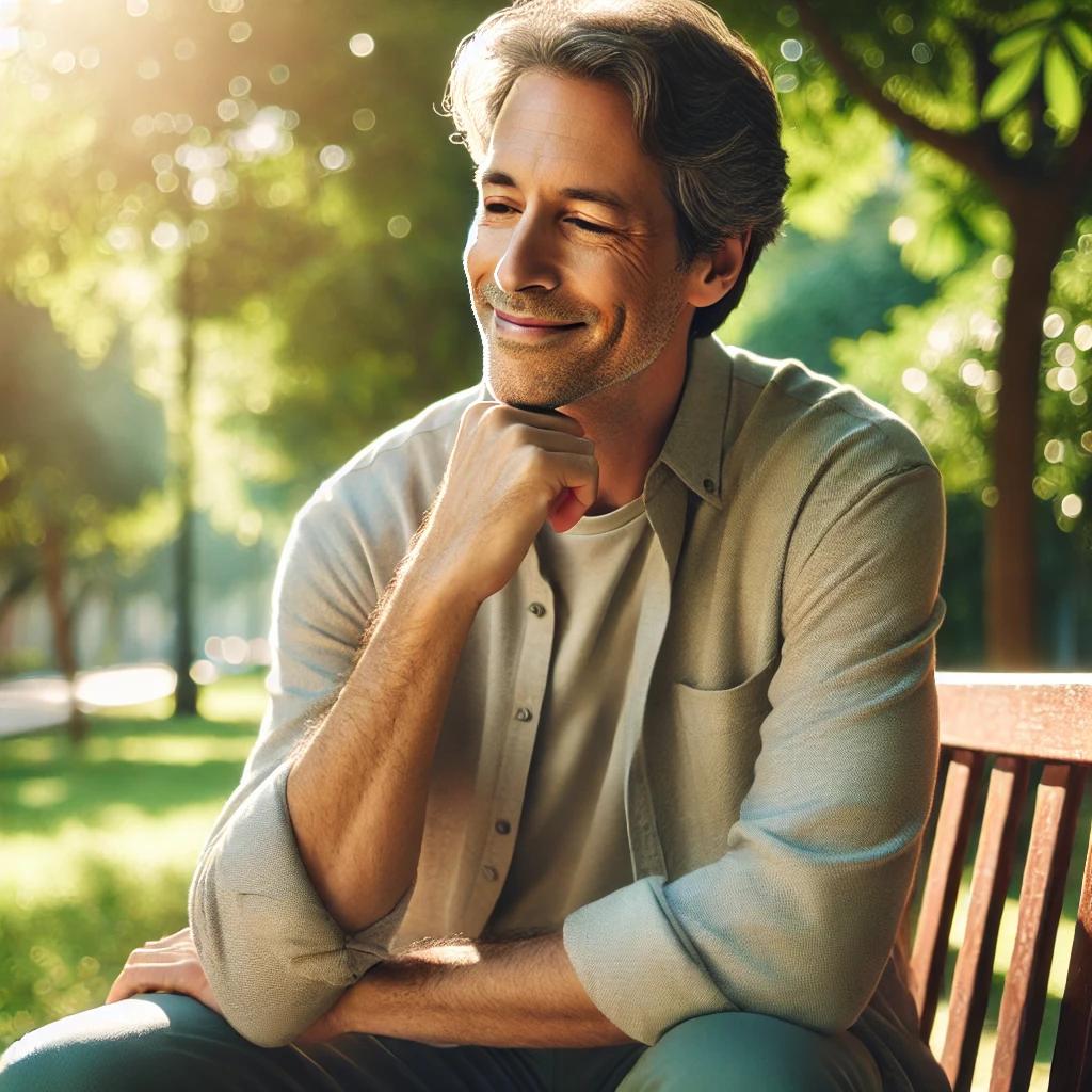 Hombre de la mediana edad pensando con una sonrisa.
